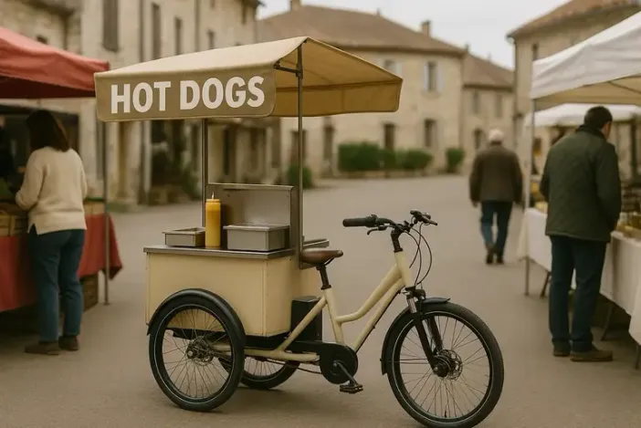 Un triporteur aménagé en food truck de hot-dogs.