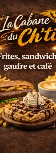 Frites, sandwich, gaufre et café